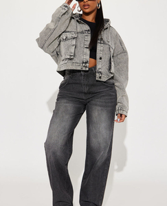Women's Stonewashed <b>Denim</b> <b>Jacket</b> <b>Crop</b> Top Loose Fit Solid Color Casual Autumn Washed Cotton Hoodie Coat Made in Pakistan - Product Image 2