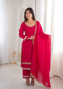 Exclusive Fendy Silk <b>Kurti</b> Set With Real Mirror Lace Work Designer Palazzo Dupatta Ethnic Wear Collection Fully Stitched Women - Product Image 1