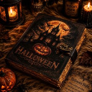 Journal en cuir vintage d'Halloween avec serrure, Grimoire de la maison hantée, Papier antique à bords festonnés, Livre des ombres gothique à thème citrouille - Product Image 2