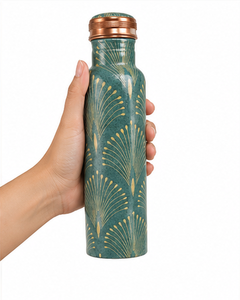 Teal Green Floral Printed Pure Copper <b>Water</b> <b>Bottle</b> 1000ml Handmade Leak Proof Decorative Drinking <b>Bottle</b> OEM Wholesale - Product Image 2