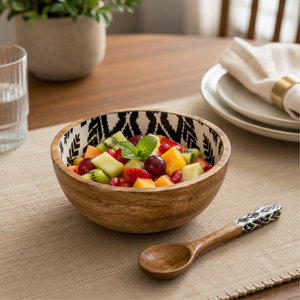 Handcrafted <b>Mango</b> <b>Wood</b> Enamel Printed Salad <b>Bowl</b> with Spoon Food Safe Wooden Serving <b>Bowl</b> for Salad Fruit Snacks Kitchen Dining - Product Image 2