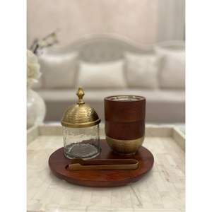 Ensemble Mubkhar Arabe Moderne, Brûleur à Oud en Bois, Pot en Verre + Pinces en Laiton |   Ensemble cadeau de brûleur d'encens Oud de luxe, ensemble Mubkhar - Product Image 1