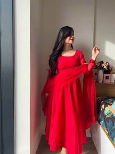 Salwar Kameez Rojo de Algodón para Mujer, Largo hasta el Tobillo, Corte Holgado, Traje Étnico Tradicional, Ropa Festiva para Bodas, Estilo India Pakistán - Product Image 1