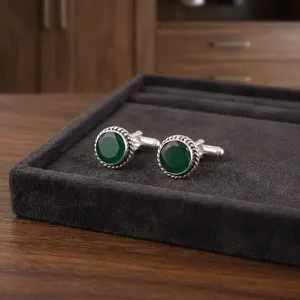Ensemble de boutons de manchette Niharika Gems, élégants et tendance, en onyx vert, en argent sterling 925 plaqué, pour hommes et femmes. - Product Image 2