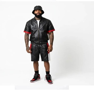 Men's Leather Color-Block Set Black Red <b>White</b> Bomber <b>Jacket</b> & Shirt Shorts Genuine Leather <b>Waterproof</b> Breathable Winter Outfit - Product Image 6