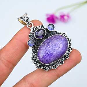 Pendentif élégant en Charoïte, argent sterling 925, bijoux en pierres précieuses faits à la main, cadeau de fiançailles vintage, certifié par un tiers, pour homme NIKHIL - Product Image 1