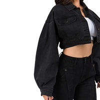 Veste en jean vintage noire délavée à manches longues pour femme, style gothique, streetwear décontracté, éco-responsable, avec détails boutonnés, haute qualité