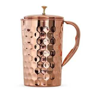 Jarra de agua de cobre puro con tapa de madera, base plana, recipiente cilíndrico para bebidas, utensilios de mesa, jarra para hotel, restaurante, bar. - Product Image 5