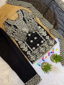 Black Embroidered <b>Indian</b> Pakistani Set for Women <b>Top</b> Bottom Dupatta Sequin Dress Wear Party Wedding - Product Image 5