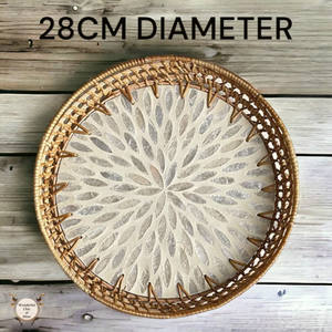 Bandeja Redonda de Ratán con Incrustaciones de Madreperla |   Bandeja de Mosaico Tejida a Mano, Bandeja Decorativa de Mimbre Lacado, Cesta para Alimentos (Negra) - Product Image 4