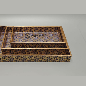 Gold Geometric Enamel Serving Tray Set of 3 – Modern Luxury Food-Safe MDF & <b>Paper</b> Nesting Trays for <b>Kitchen</b> Dining & Home Decor - Product Image 3