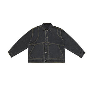 แจ็คเก็ตยีนส์สีดำสไตล์เรโทรสำหรับผู้ชาย พร้อมลายปะติดเก๋ไก๋ ทรงหลวม กระดุมปกเสื้อ แบรนด์ Haus Industries - Product Image 1