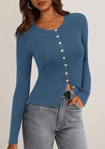 Cárdigan de algodón de moda para mujer, suéter liso informal de punto con cuello en V y manga larga, venta al por mayor, personalizado para mujer - Product Image 2