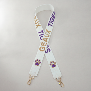 Sangle de sac brodée perlée Geaux Tigers blanc, violet, jaune, avec motif patte et quincaillerie dorée, vente en gros usine - Product Image 1