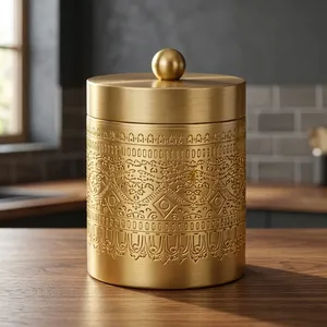 Boîte de rangement en métal gaufré finition or avec couvercle, récipient décoratif de cuisine, pot à motif floral vintage - Product Image 3