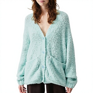 Cárdigan de punto grueso tejido informal y cómodo con cuello en V, antiarrugas, de lana/viscosa para mujer, diseño elegante con botones y bolsillos delanteros - Product Image 1