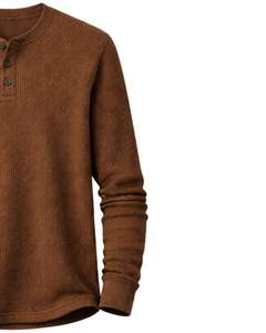เสื้อยืดแขนยาวผู้ชายแบบเฮนลีย์ ผ้าวาฟเฟิล สีน้ำตาล สวมใส่สบาย คอติดกระดุม เหมาะสำหรับฤดูหนาว ผ้าฝ้ายทรงเข้ารูป ระบายอากาศได้ดี - Product Image 4
