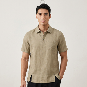 Camisa de Manga Corta para Hombre, Color Sólido, Tela de Lino, Transpirable, Estilo Vintage, Diseño con Bolsillo, Largo Regular, 180g - Product Image 4