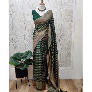 DESIGNER SOIE ZARI SEQUENCE TRAVAIL SAREE AVEC CHEMISIER NON COUDU VERT - Product Image 1