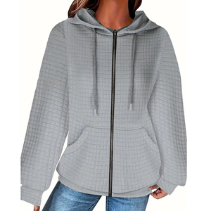 Sweat-shirt à capuche en tricot gaufré personnalisé pour femme, pull décontracté à manches longues avec cordon de serrage et poche - Product Image 4