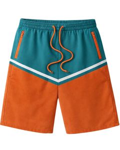 Teal And Orange Color Block <b>Mens</b> Drawstring <b>Shorts</b> Zipper Pocket Casual Summer Beach Athletic Quick Dry Comfortable <b>Shorts</b> - Product Image 1