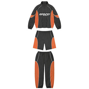 Mens 240 GSM Premium Polyester Taslon Tracksuit Set Black <b>Orange</b> Panel Sublimation Printed Logo Windbreaker Shorts for Men - Product Image 1
