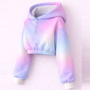 Gradient Color Hooded Crop <b>Top</b> Full Sleeve Casual Sweatshirt With <b>Rainbow</b> Print Knitted Polyester Autumn Wear - Product Image 1