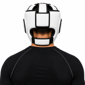 Protège-tête de boxe Dumela blanc et noir en cuir artificiel respirant avec fermeture auto-agrippante, emballage personnalisé, unisexe - Product Image 4