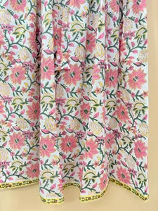 Bohemian White Pink Floral Block Print Cotton Midi <b>Dress</b> Vintage Puff Sleeve <b>Loose</b> Fit Tie Neck Summer <b>Dress</b> For Women - Product Image 6