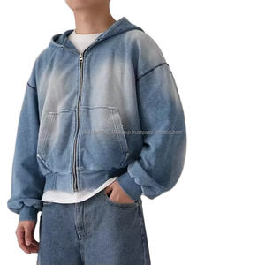 Streetwear Hoodie Cotton French Terry Acid Wash Vintage Custom Logo Oversized Sun Faded Distressed <b>Blue</b> Hoodies - Product Image 1