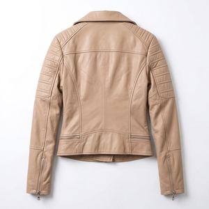 Veste en cuir véritable de style moderne pour femmes avec détails matelassés aux épaules, doublure lisse et fermeture éclair - Product Image 3