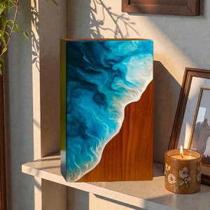 Urna de Resina con Diseño de Olas Oceánicas, Caja Conmemorativa Hecha a Mano con Madera y Epoxi Azul Profundo - Product Image 5
