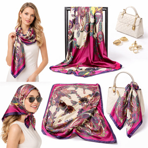 Pañuelo de Seda de Lujo con Estampado Floral Paisley <span class=keywords><strong>Fucsia</strong></span>, 90 cm, Cuadrado, de Satén, para la Cabeza, Bolso o como Chal, Ideal para Bodas y Regalos - Product Image 1