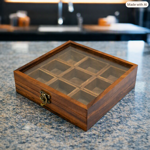 Classic Eco-Friendly Wooden Spice <b>Box</b> with 9 Compartments Glass Lid Hand-Crafted Durable Herb & <b>Masala</b> Storage Hand Wash Only - Product Image 1
