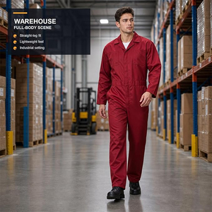 Overol de Manga Larga Rojo de Sarga de Algodón, Resistente a la Decoloración, Lavable a Máquina, Corte Holgado, Ropa de Trabajo Industrial, Uniforme Mecánico - Product Image 3