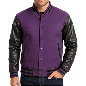 <b>Men's</b> Purple Varsity <b>Jacket</b> With Black PU Leather Sleeve Casual Autumn College Style Turn down Collar Button Closure Regular Fit - Product Image 4
