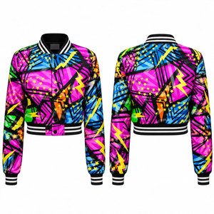 Geometric Print Varsity Jacket <b>Women's</b> Short Crop Bomber <b>Coat</b> Full Sleeve Turn-down Collar Polyester <b>Spring</b> Style - Product Image 1