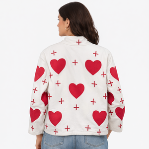 <b>White</b> Heart Print Mandarin Collar Bomber <b>Jacket</b> Women's Spring Full Sleeve Regular Fit 100% Cotton Eco-Friendly Reversible - Product Image 2