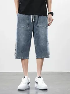 Summer <b>Men's</b> Vintage Knitted <b>Jeans</b> Denim Breeches Calf-Length Casual Shorts Acid Wash Pattern Quick Dry Cotton <b>Drawstring</b> - Product Image 4