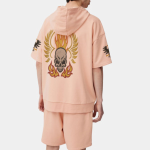 Sweat à capuche pour homme à manches courtes, motif crâne brodé chaîne, coupe droite, style urbain, fermeture à cordon, 100% coton - Product Image 2
