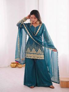 Traje Sharara Palazzo de Seda Fendy Premium con Bordado y Lentejuelas, Diseño Étnico para Fiestas, para Mujer - Product Image 4