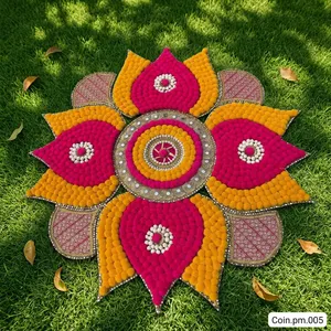 Tapis Rangoli traditionnel avec motif pompon rose, jaune et blanc pour la décoration de mariage et de festival - Product Image 2