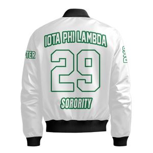 Chaqueta Personalizada para Mujer Iota Phi Lambda, Chaqueta Bomber Blanca con Escudo Griego en la Parte Delantera y Trasera, con Cierre de Cremallera - Product Image 6