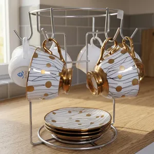 Metal Tea Cup & Saucer <b>Holder</b> <b>Stand</b> with 6 Hooks Decorative <b>Mug</b> Rack Organizer for Kitchen Countertop and Dining Table - Product Image 3