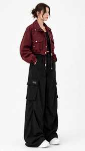 <b>Women</b> <b>Black</b> Flat Front Spring Wide Leg Cargo <b>Pants</b> High Waist Loose Streetwear Trousers with Pockets - Product Image 2