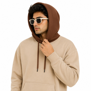 Custom Two Tone Men <b>Hoodies</b> Beige Brown Cotton Fleece Relaxed Fit Y2K Trendy Hoodie <b>Plain</b> Autumn Winter Streetwear Private Label - Product Image 3