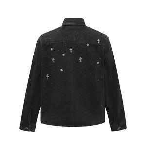 Men's Black <b>Denim</b> <b>Jacket</b> With Embroidered Crosses Turn-down Collar Casual Style Autumn Wear - Product Image 1