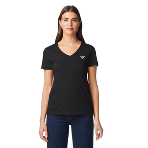 Camiseta de Jersey para Mujer, Cuello en V, Manga Corta, Color Negro Liso, con Logotipo, Mezcla de Algodón Suave y Transpirable, Informal, para Uso Diario, Ligera, para Verano - Product Image 1