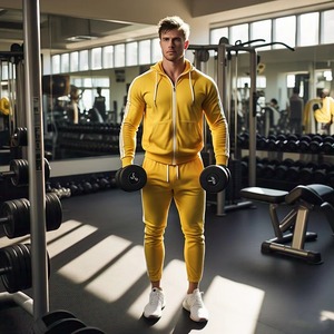 Chándal Amarillo con Capucha para Hombre, de Color Sólido, Estilo Deportivo Informal, con Bolsillos Laterales, Cierre de Cremallera, Transpirable, de Poliéster - Product Image 4