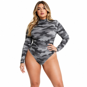 Plus Size Camo Printed Bodysuits Women Long Sleeve Mock Neck Swimsuit Polyester Spandex High Compression One Piece Bathing Suit - Product Image 2